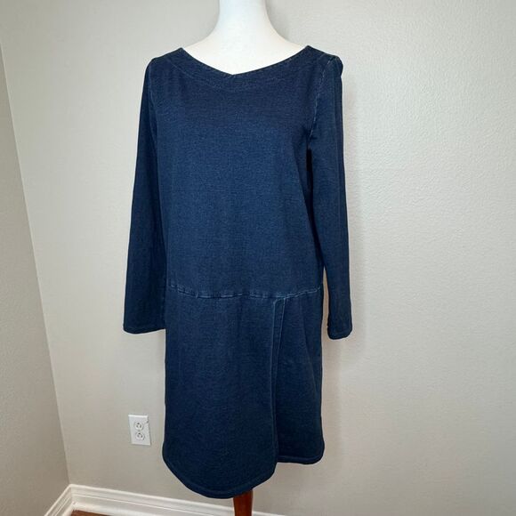 PURE JILL‎ J. JILL INDIGO Dk Wash Blue Denim Dress MED Shift Midi Long Sleeve - Picture 1 of 12